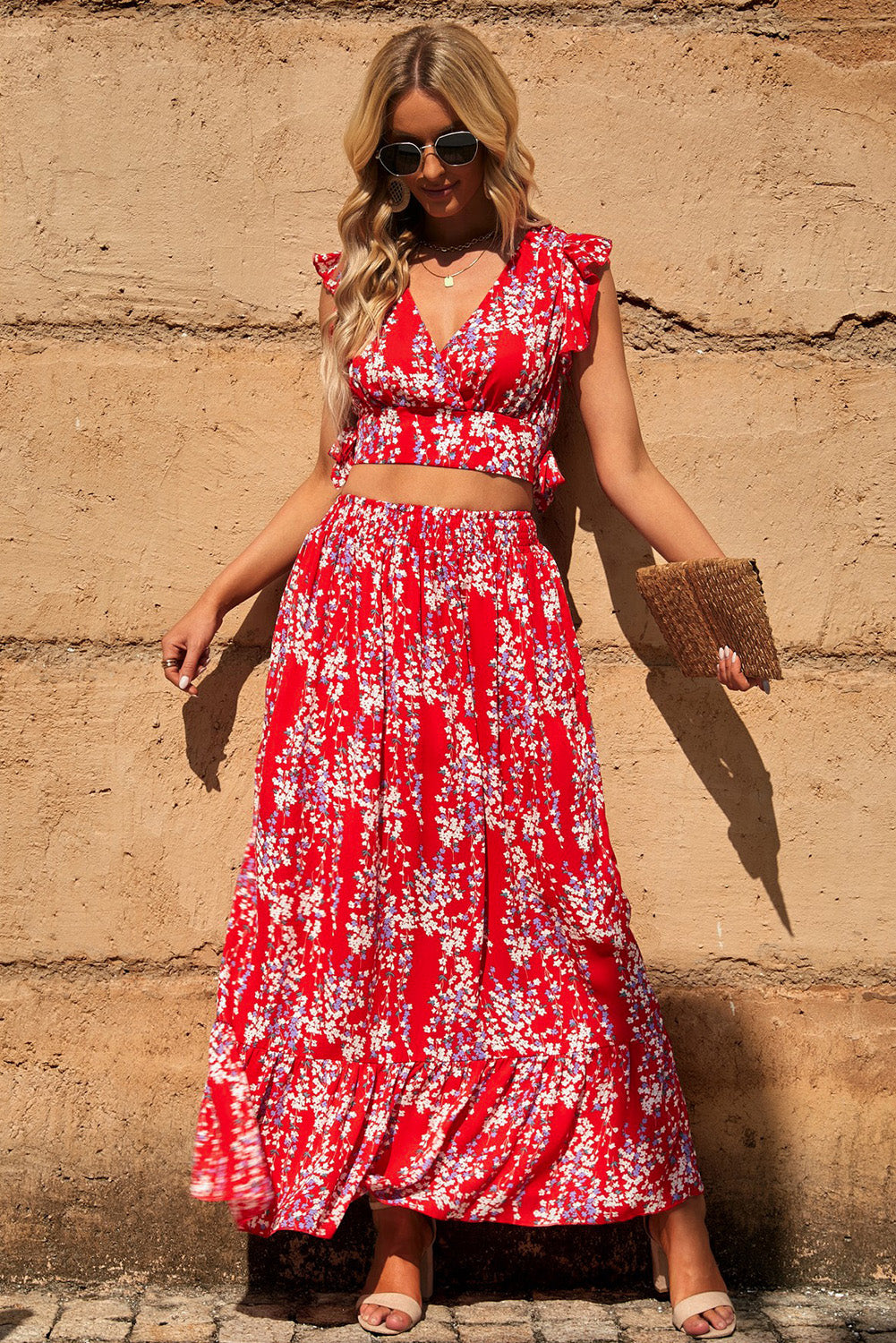 Floral Ruffled Crop Top and Maxi Skirt Set