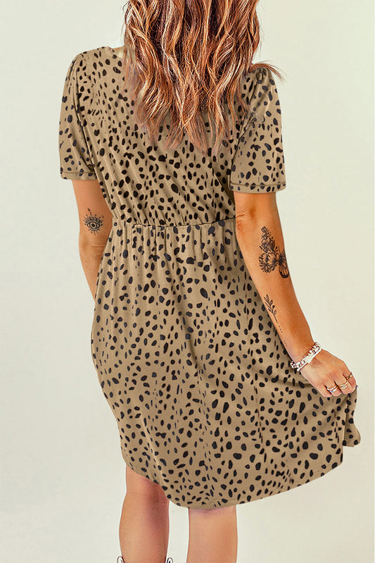 Leopard V-Neck Buttons Short Sleeve Midi Dress