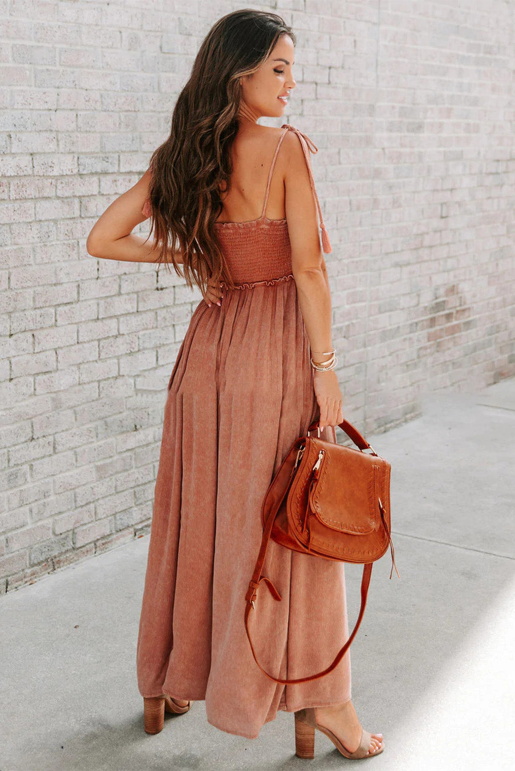 Retro Washed Spaghetti Straps Smocked Wide Leg Jumpsuit