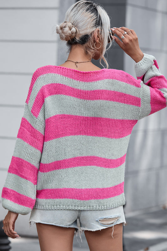 Striped Colorblock Knit V Neck Loose Fit Sweater