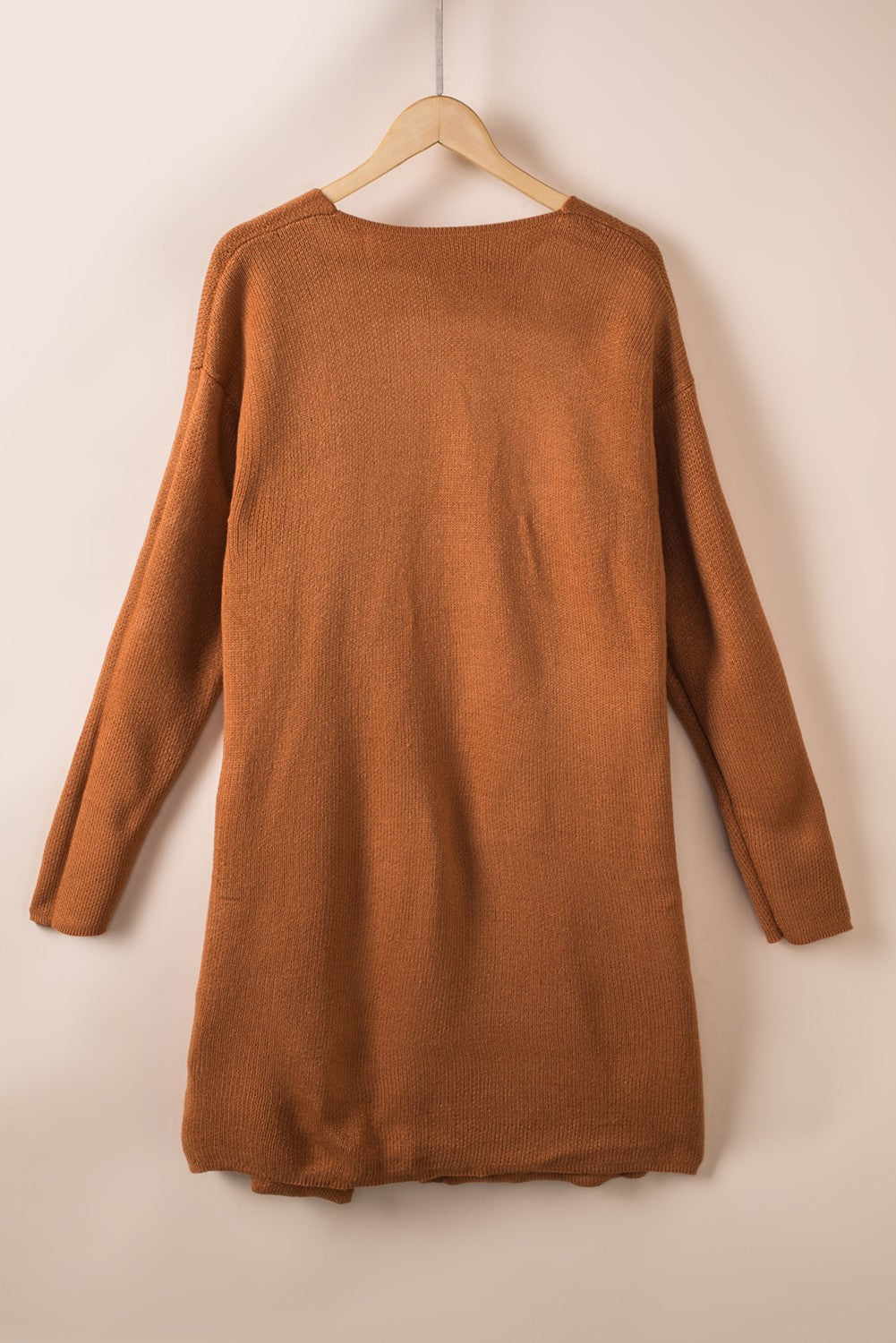 Cardigan long marron uni ouvert sur le devant à manches tombantes