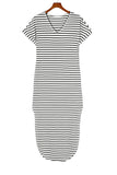 Striped Print Side Split Short Sleeve V Neck Maxi Dress