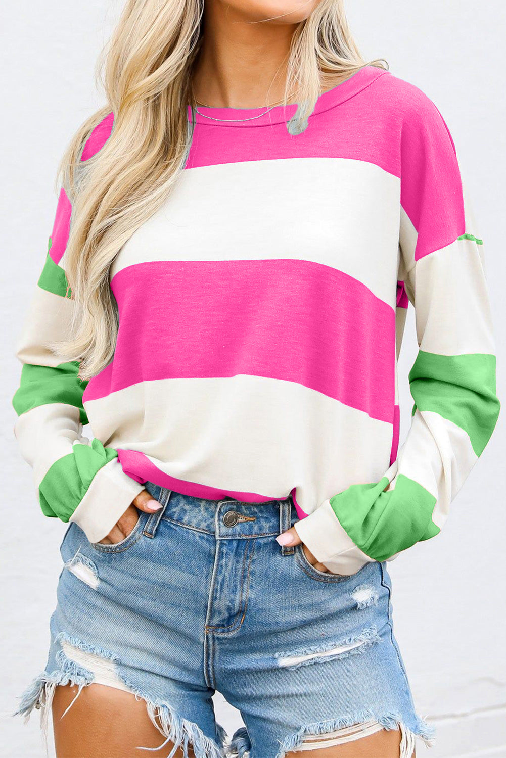 Rose Red Colorblock Striped Drop Shoulder Long Sleeve Top