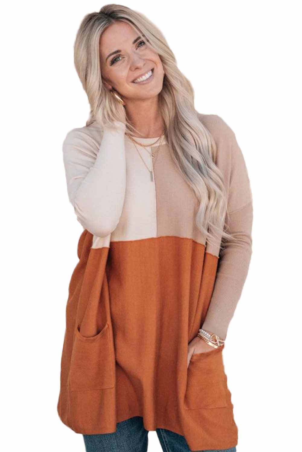 Pocketed Color Block Patchwork Long Sleeve Top