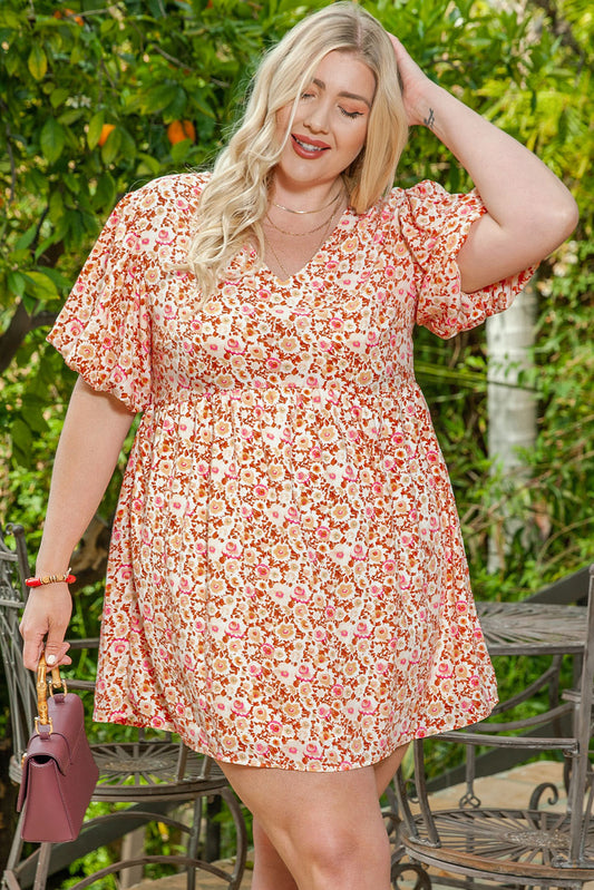 Plus Size Floral Print Puff Sleeves Dress