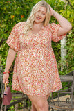 Plus Size Floral Print Puff Sleeves Dress