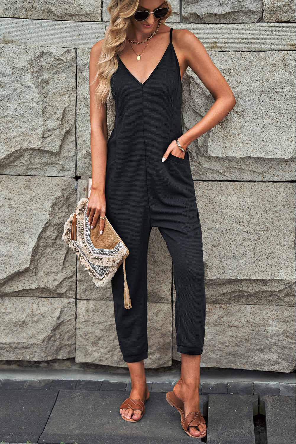 Textured Sleeveless V-Neck Pocketed Casual Jumpsuit