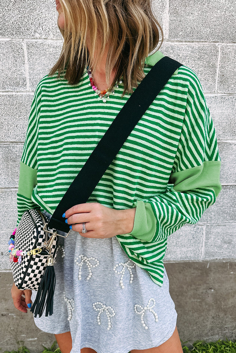 Green Stripe Turn-Down V Neck Patchwork Loose Top