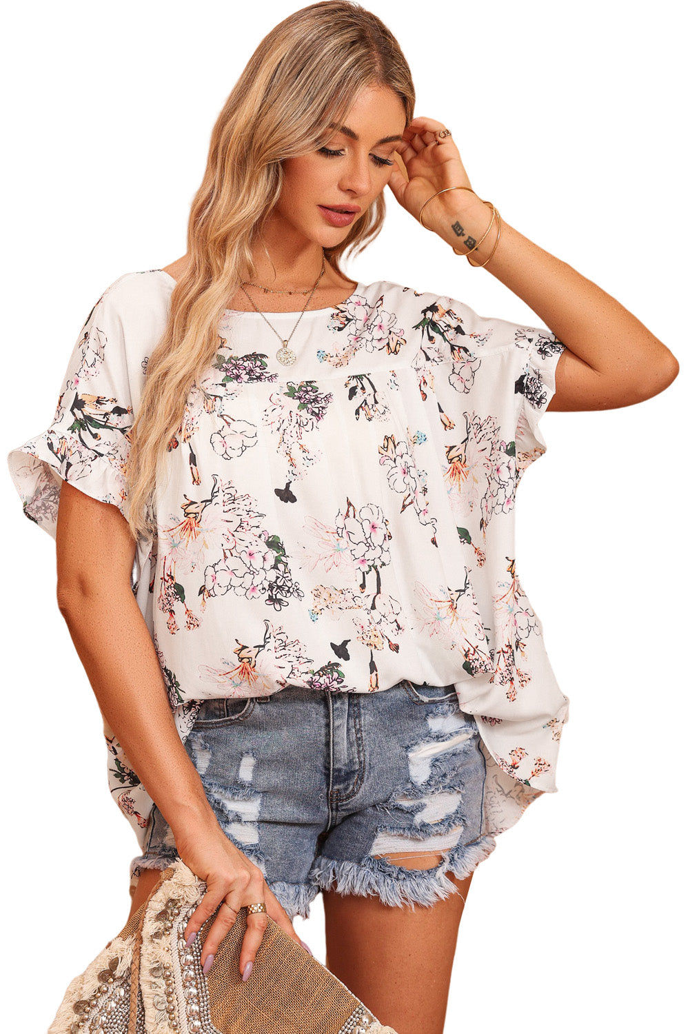 Floral Ruffled Short Sleeve Back Knot Blouse