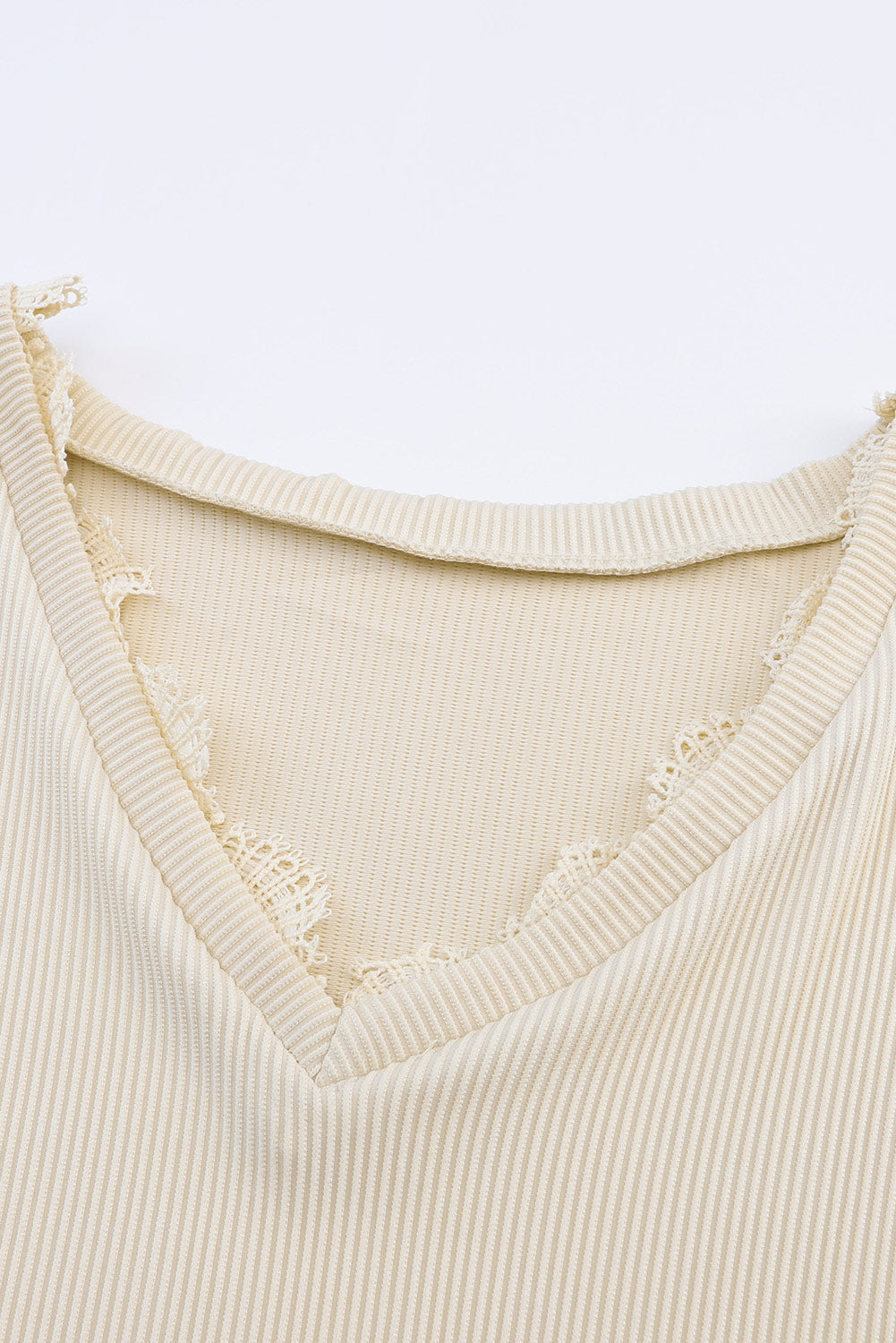 Ribbed Texture Lace Trim V Neck Long Sleeve Top