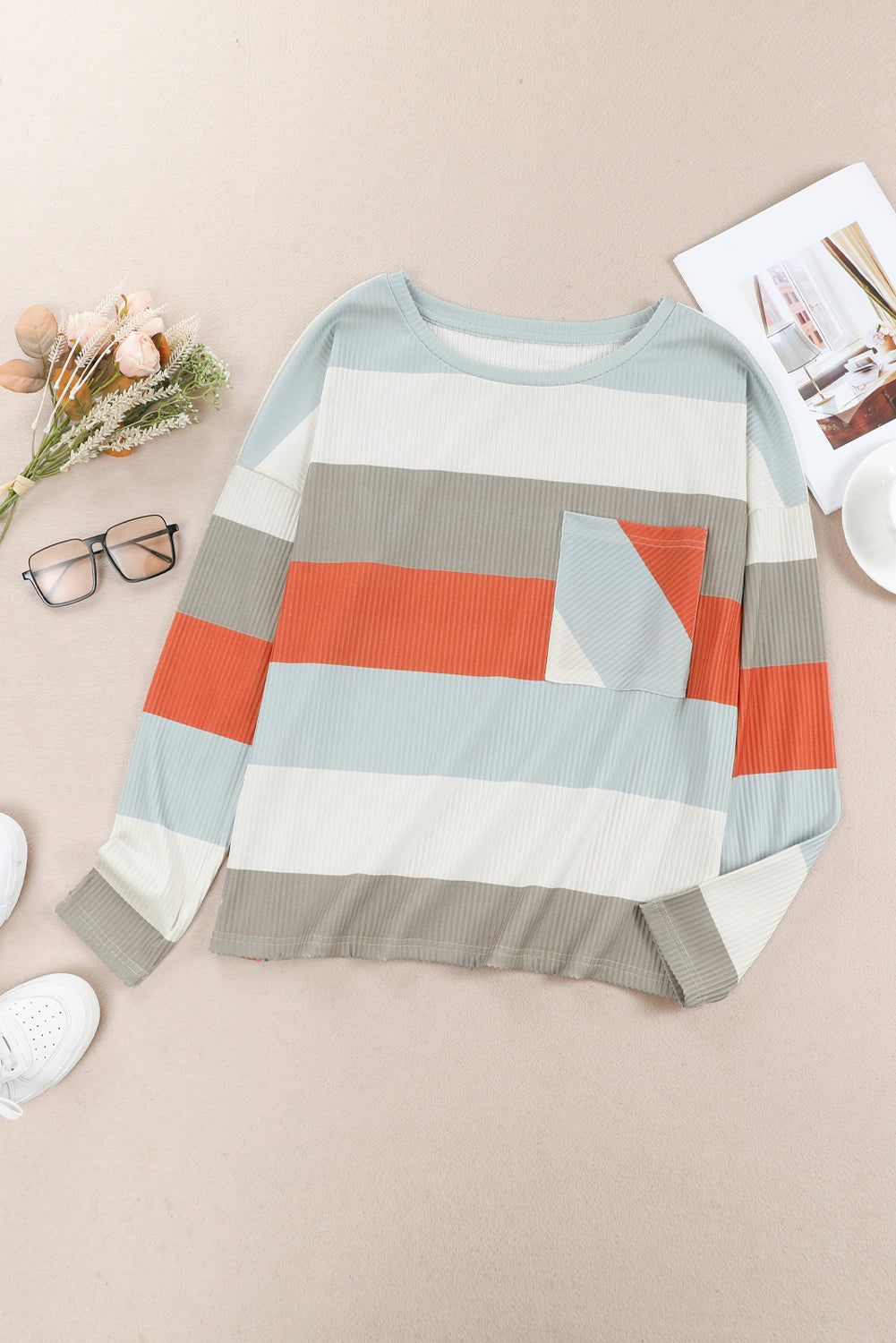 Striped Colorblock Ribbed Knit Top with Pocket