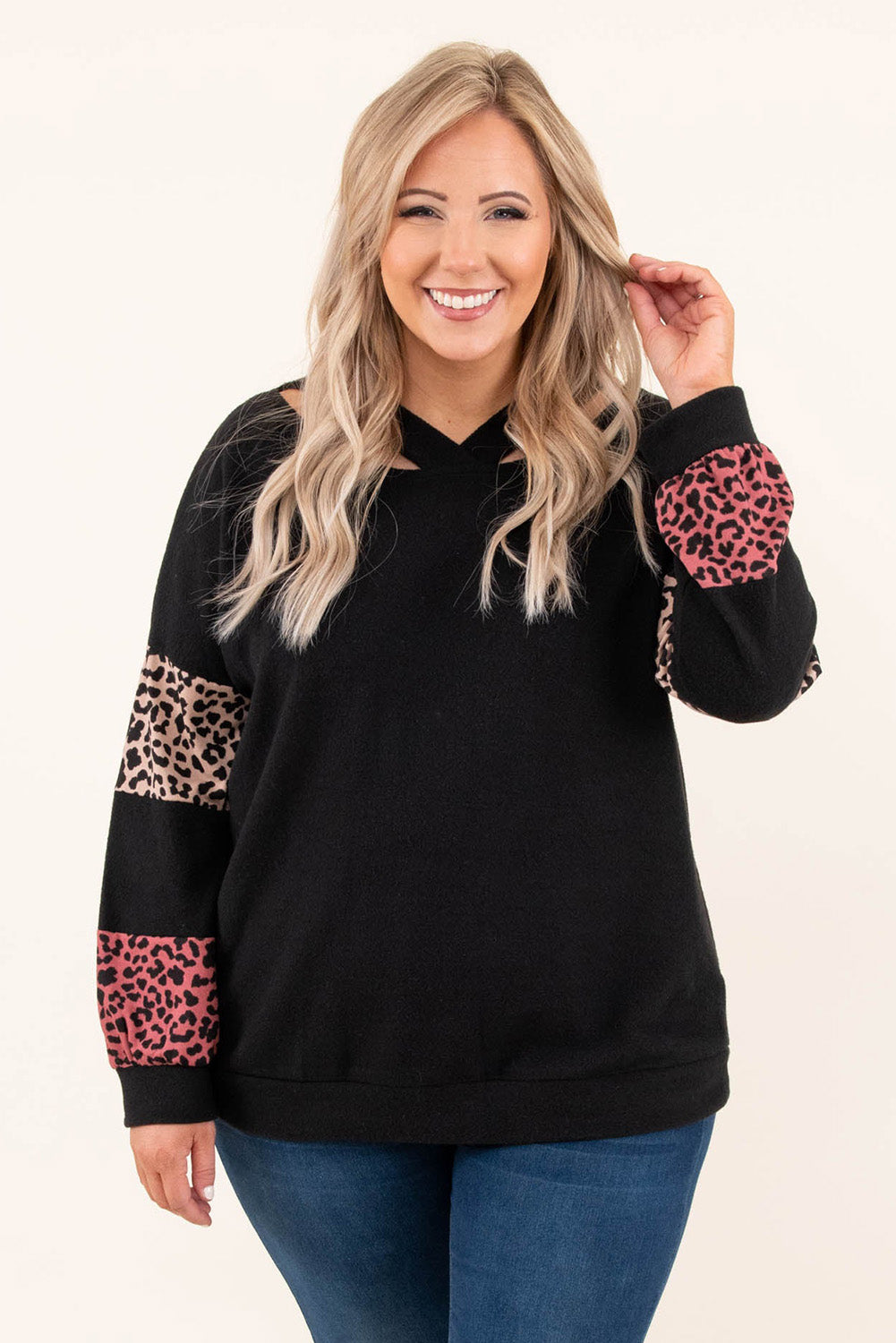 Plus Size Leopard Patchwork Strappy Neck Top