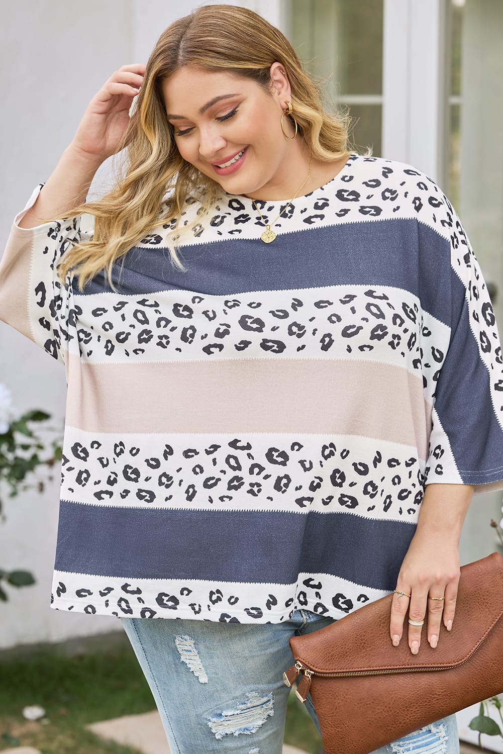 Plus Size Leopard Striped Color Block Oversized Top