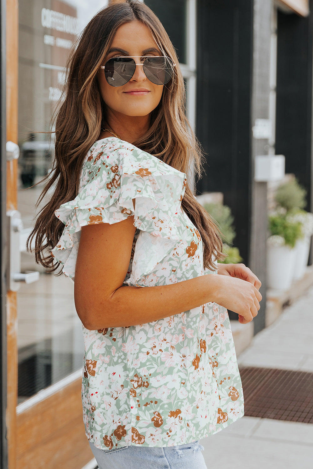 Green Floral Ruffle Short Sleeve Tee