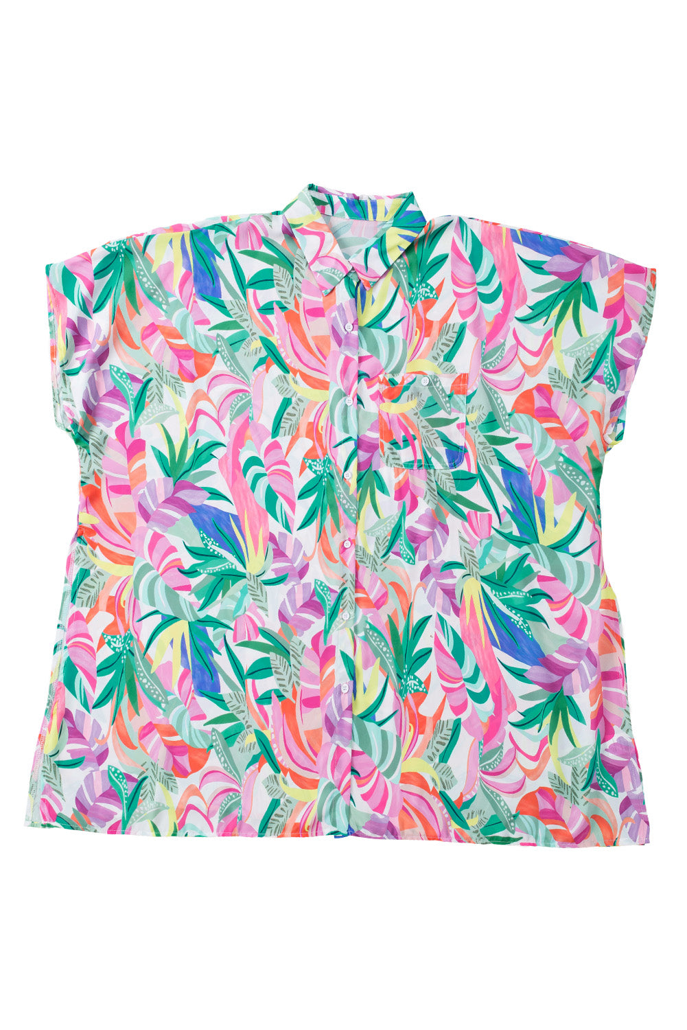 Plant Print Button-up Half Sleeve Beach Cover Up