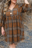 Brown Plaid Pattern Empire Waist Babydoll Dress