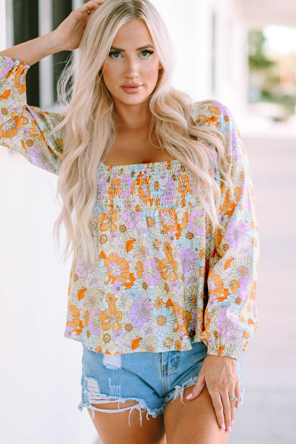 Floral Square Neck Puff Sleeve Babydoll Blouse