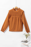 Green Solid Color Stand Neck Ruffled Puff Sleeve Blouse