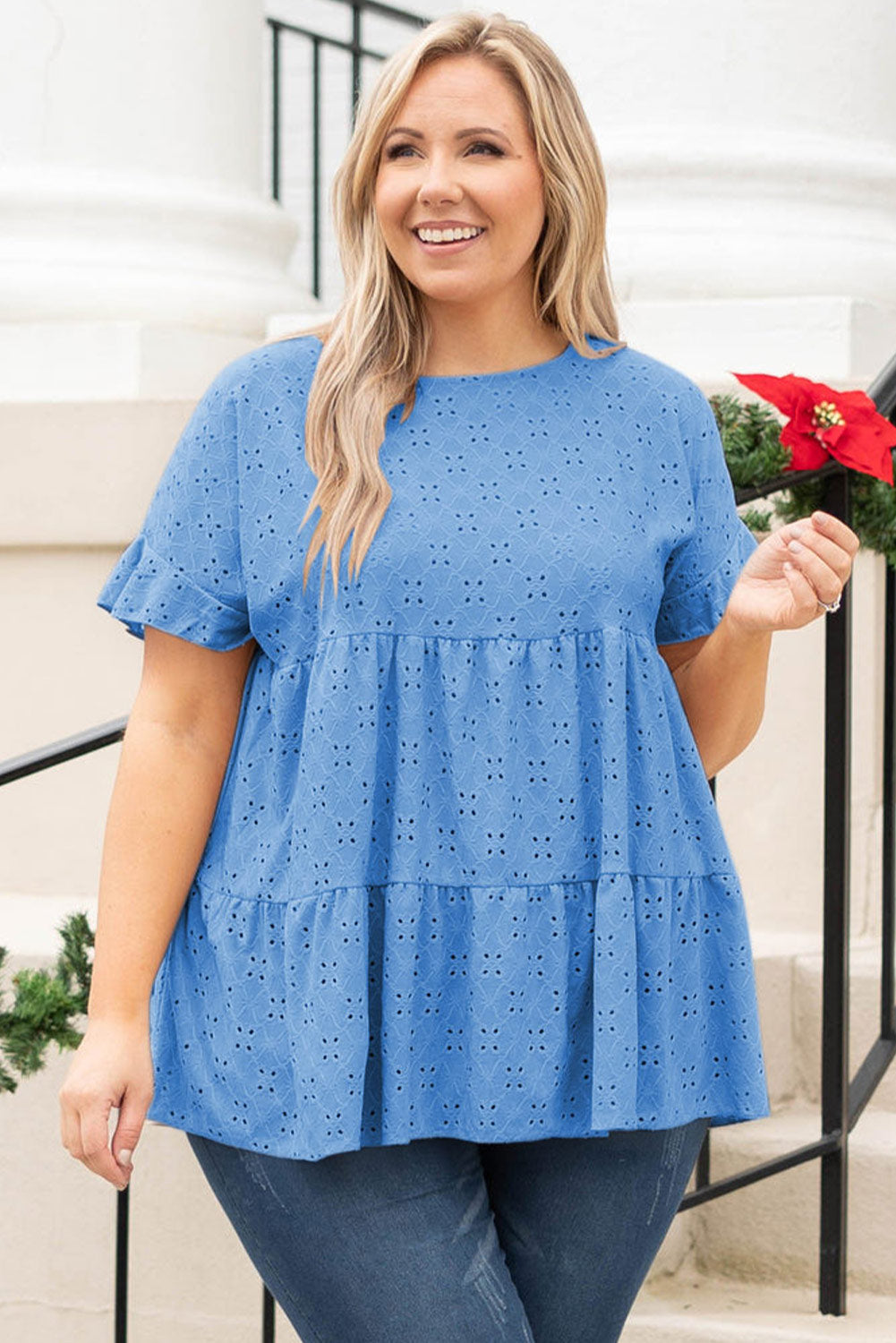 Pink Plus Size Eyelet Pattern Ruffle Sleeve Babydoll Top