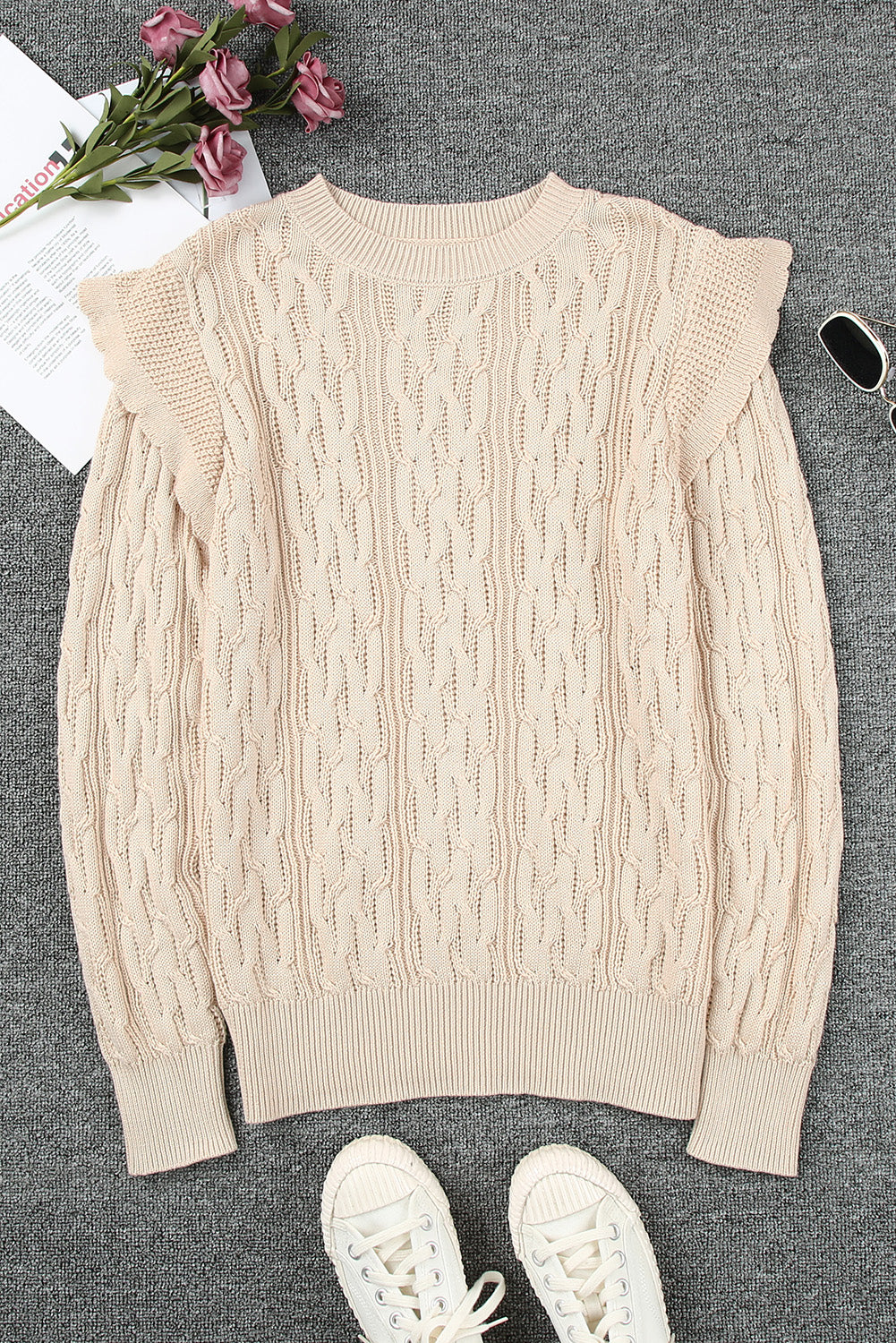 Frilled Shoulder Detail Cable Knit Sweater