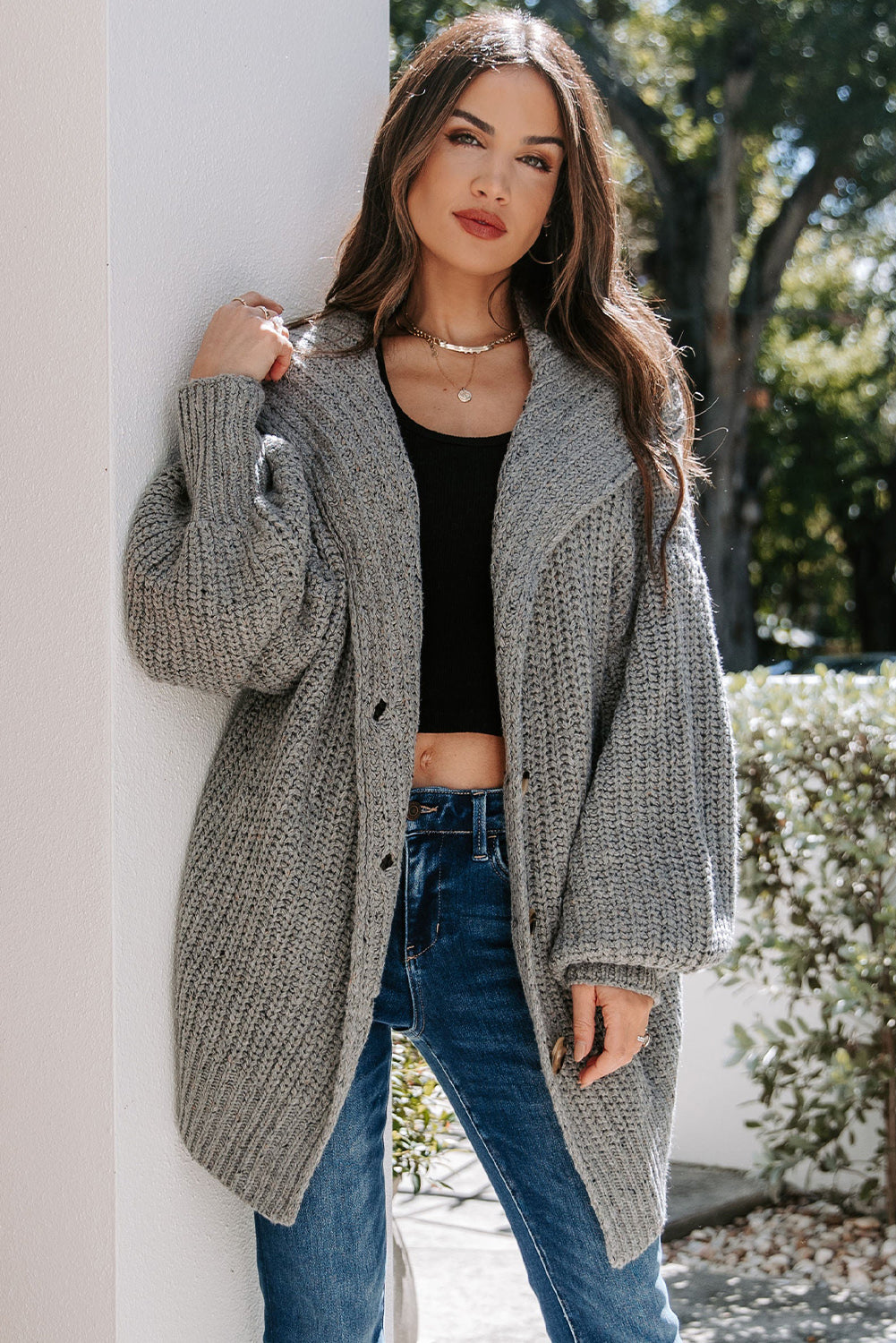 Cardigan surdimensionné gris avec poches et col rabattu 