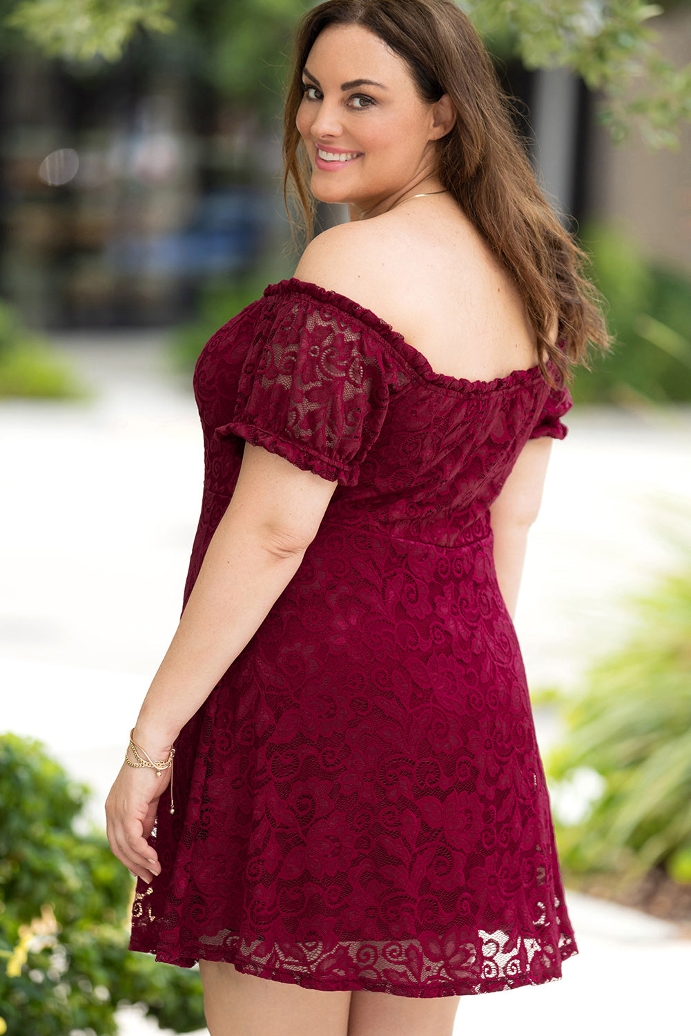 Lace Frill Bubble Sleeve Off Shoulder Plus Size Dress