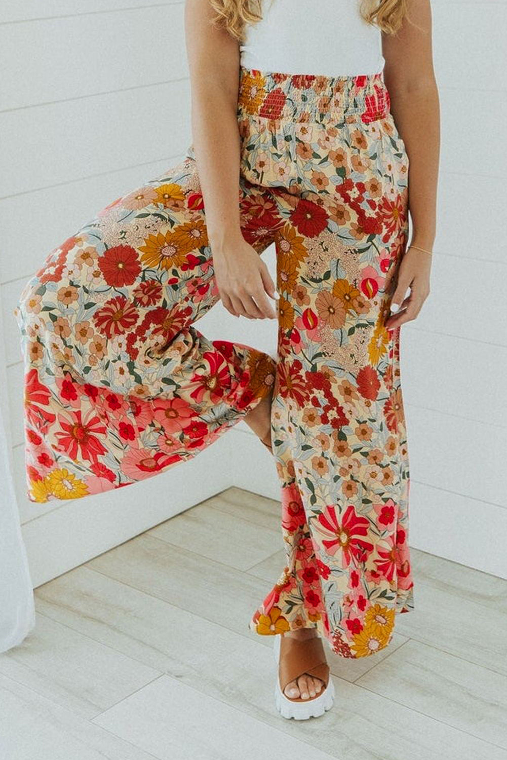 Oatmeal Boho Floral Smocked Waist Super Loose Pants