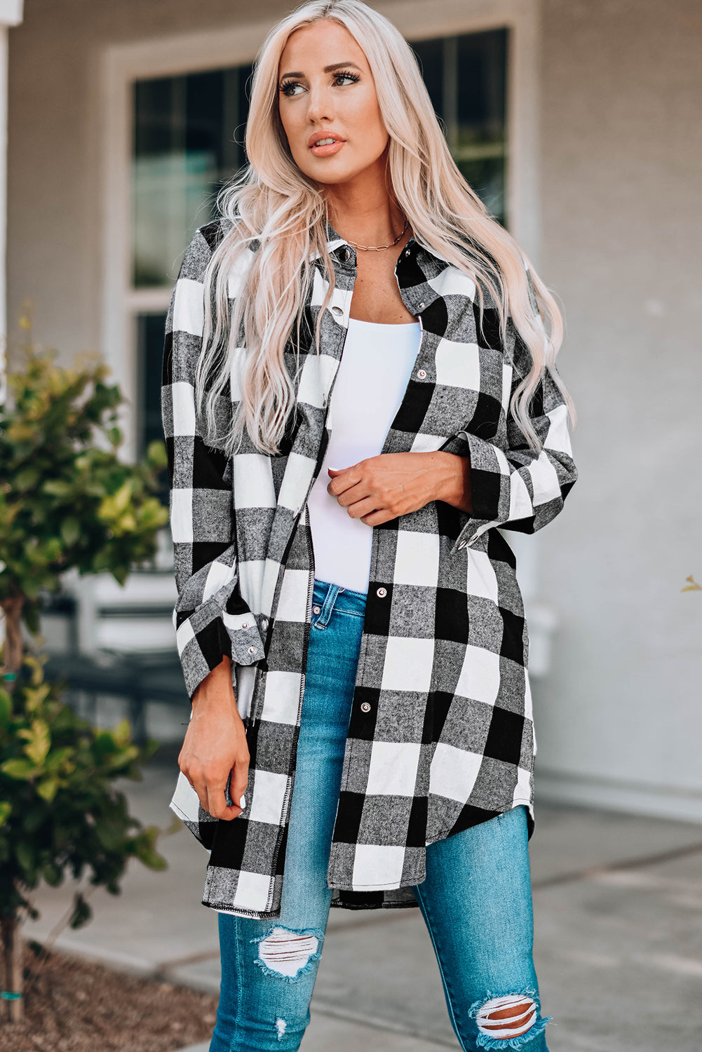 Brown Turn-down Collar Plaid Shirt Coat