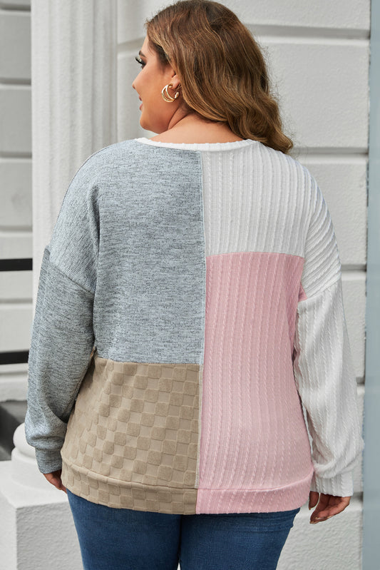 Cable Knit Colorblock Long Sleeve Plus Size Top