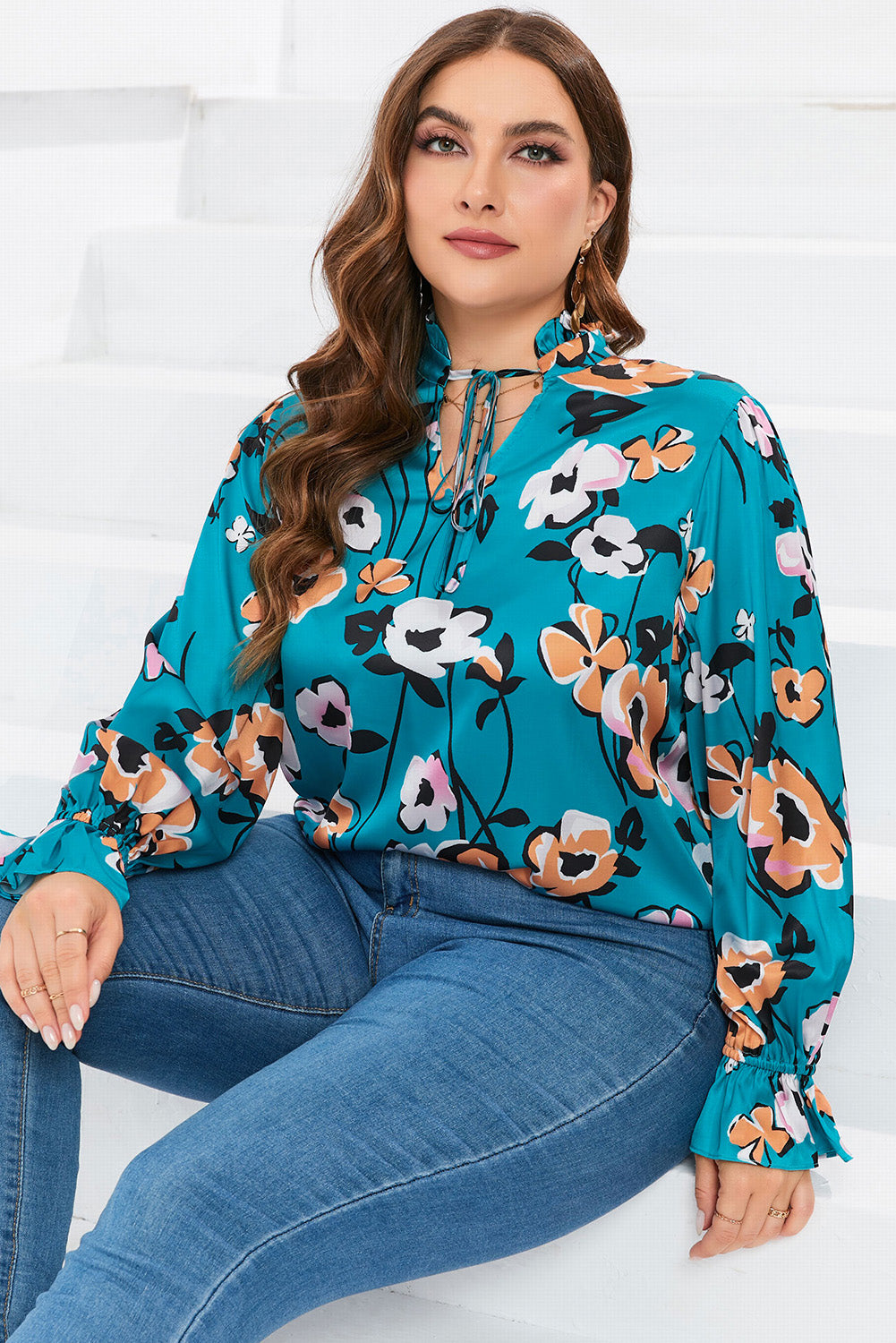 Floral Print V Neck Plus Size Blouse