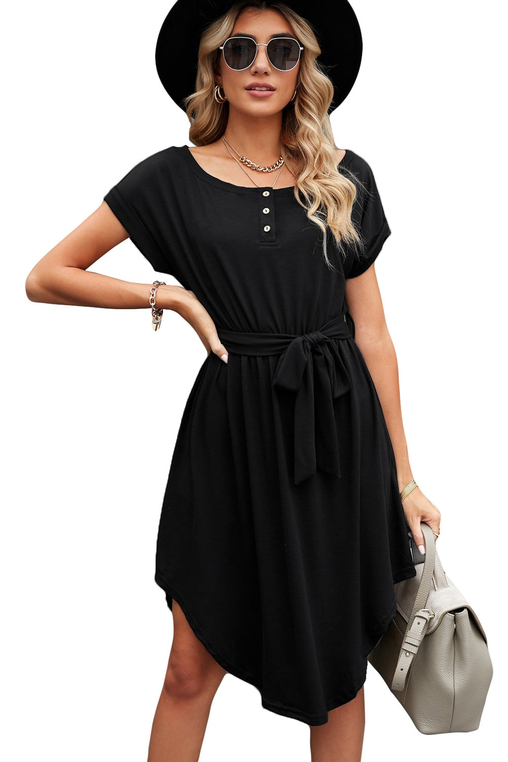 Buttons Crewneck Lace-up High Waist Mini Dress