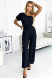 One Shoulder Puff Sleeve Elastic High Waist Jumpsuit