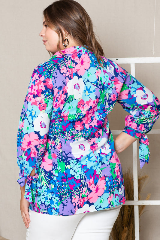 Plus Size Floral Knotted Long Sleeve Shirt