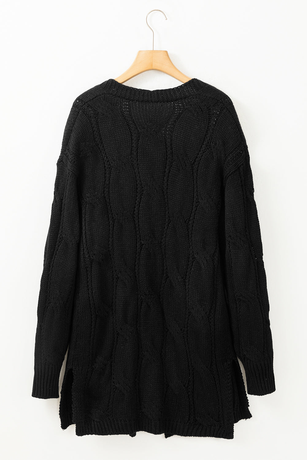 Black Ribbed Trim Eyelet Cable Knit Cardigan