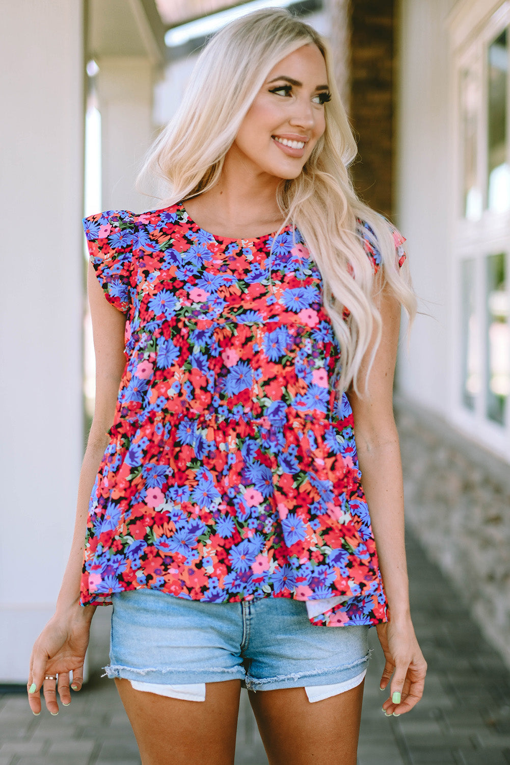 Floral Print Ruffle Tiered Short Sleeve Babydoll Top