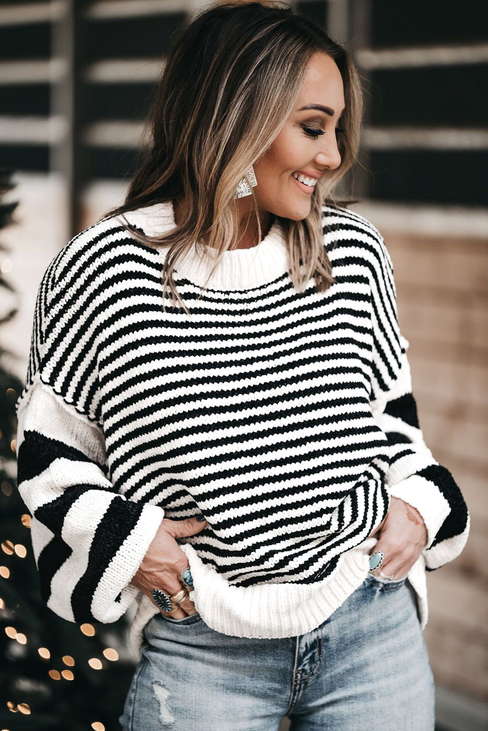 Black white Striped Drop Shoulder Bishop Sleeve Knit Sweater