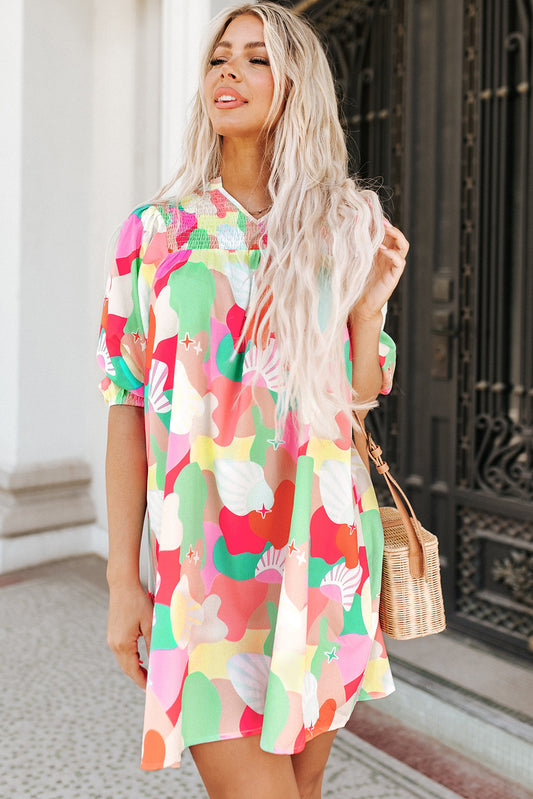 Abstract Print Notch V Neck Puff Sleeve Dress