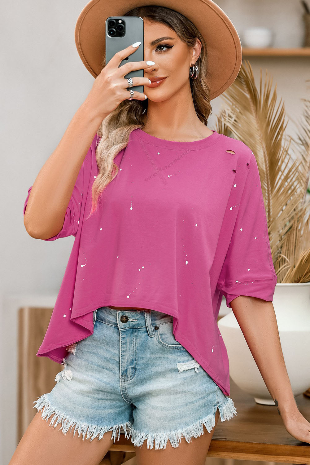 Distressed Bleached Asymmetric Hem Short Sleeve Top