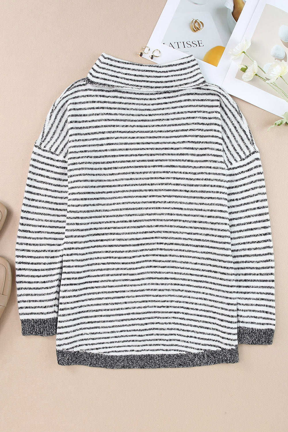 Khaki Striped Turtleneck Loose Sweater