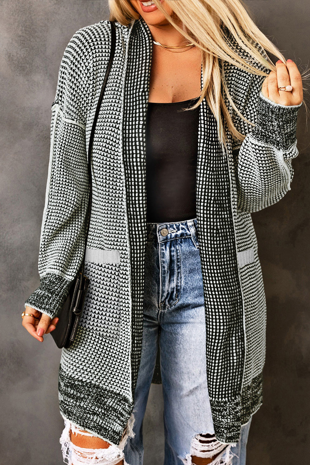 Gray Textured Knit Pocketed Duster Cardigan