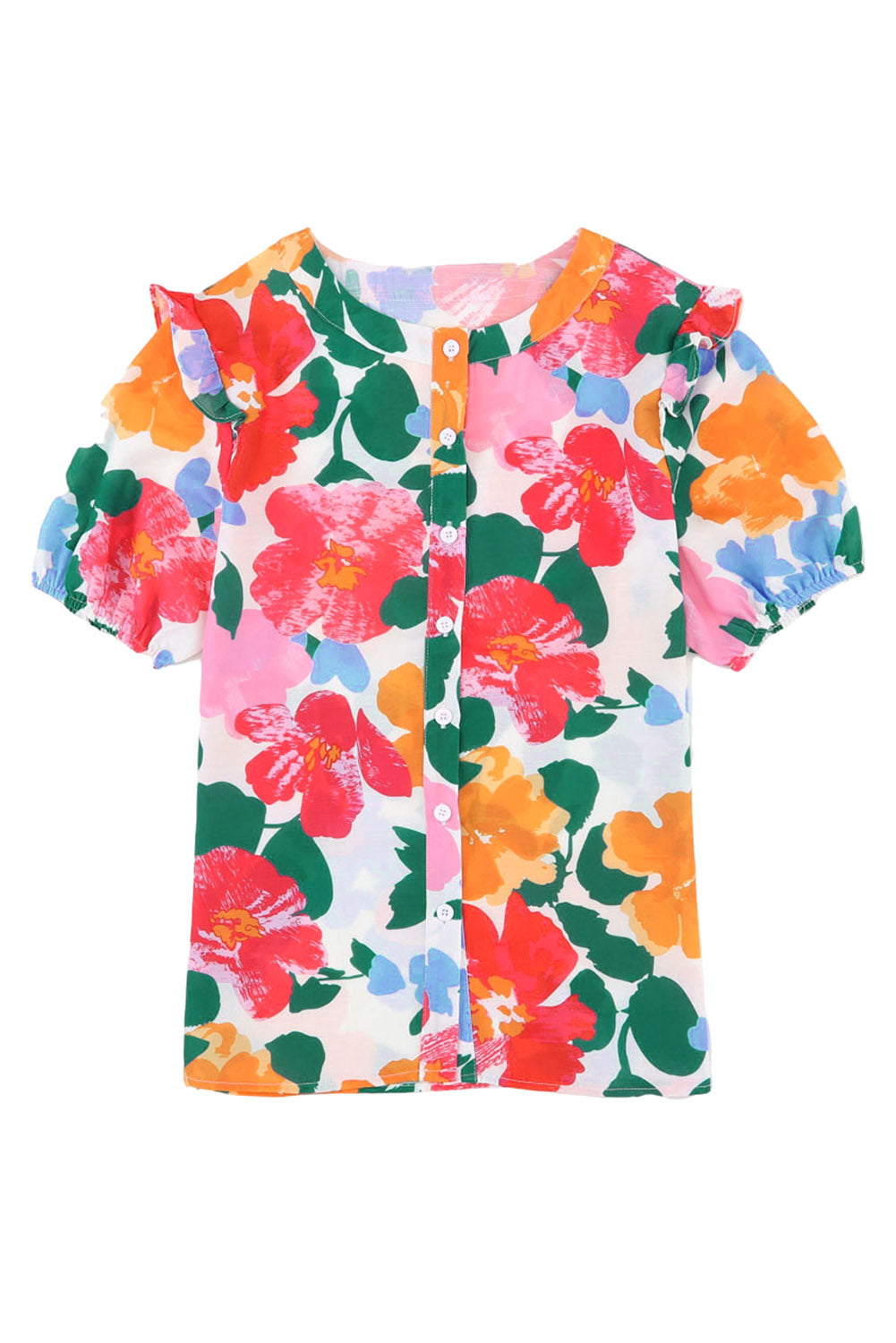 Chemise multicolore à manches bouffantes et bordure à volants à imprimé floral