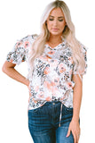 Leopard Floral Print Split Neck Puff Sleeve Blouse