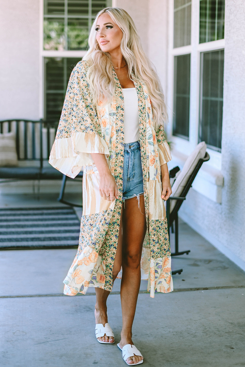 Wide Sleeve Mixed Floral Print Long Kimono