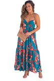 Robe longue florale bleu ciel à bretelles et dos ouvert