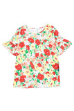 Floral Print Ruffled Short Sleeve V Neck Blouse