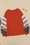 Orange V Neck Leopard Stripe Splice Lantern Sleeve Top