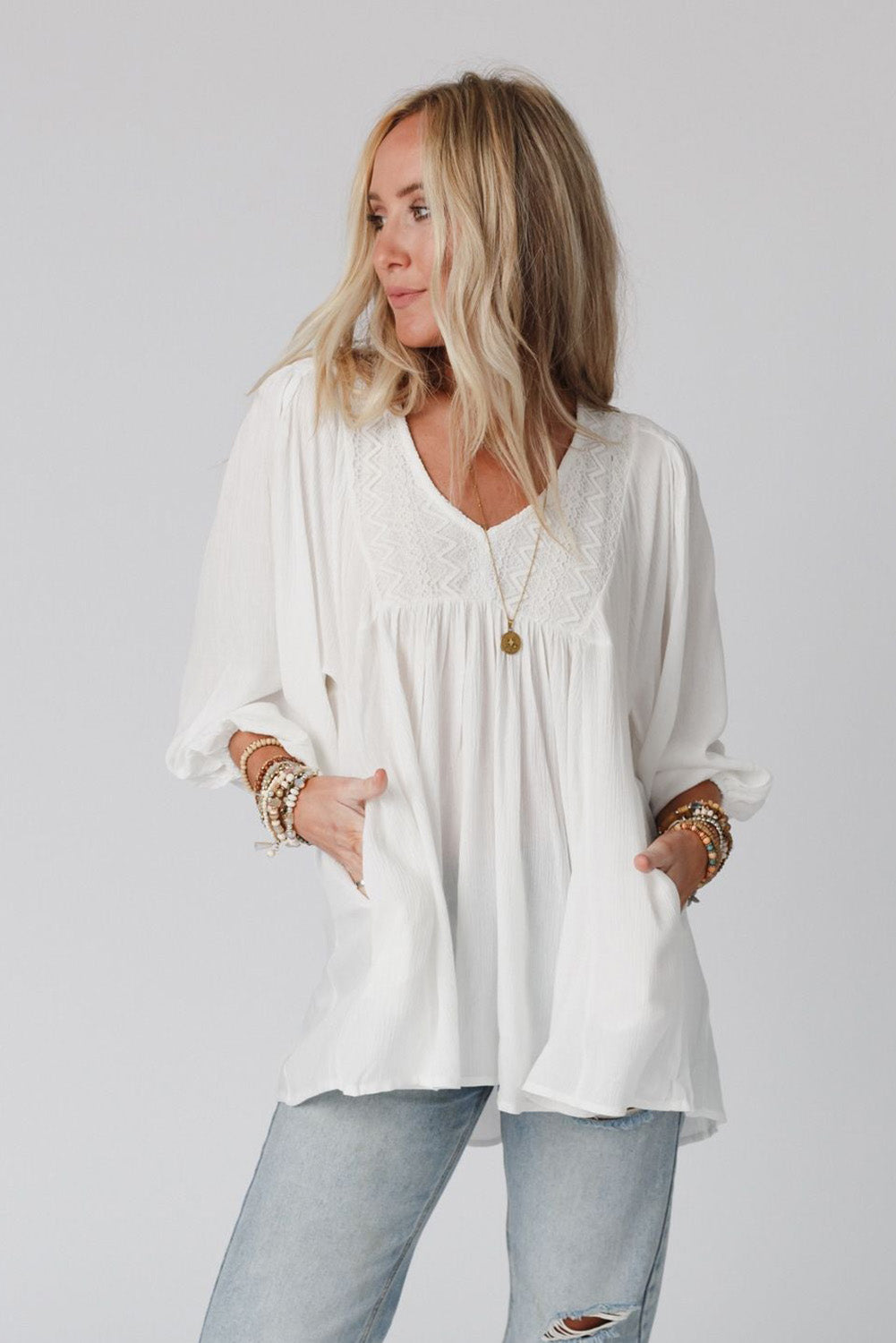 Lace V-Neck Bracelet Sleeve Ruffle Blouse