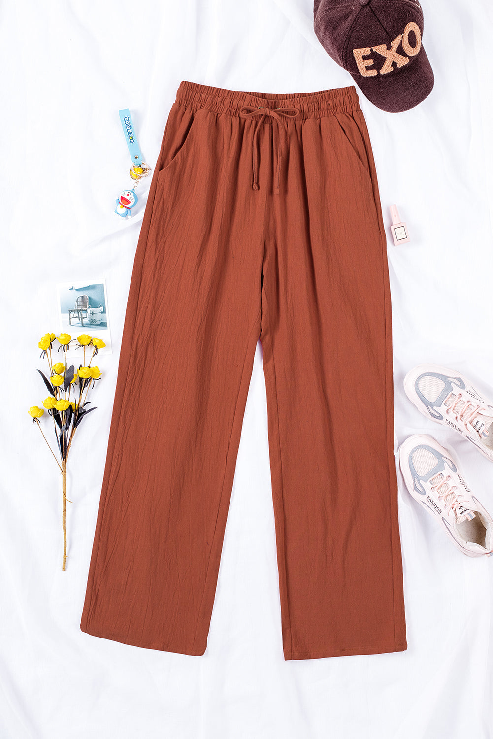 Drawstring Elastic Waist Pockets Long Straight Legs Pants