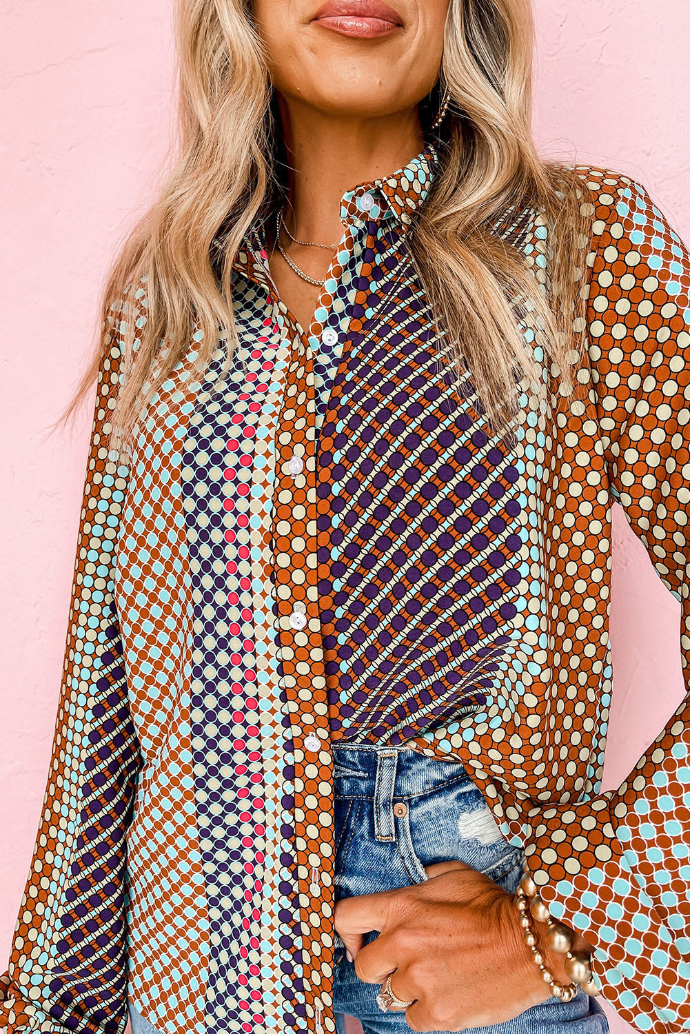 Dot Print Long Sleeve Button Down Shift Shirt