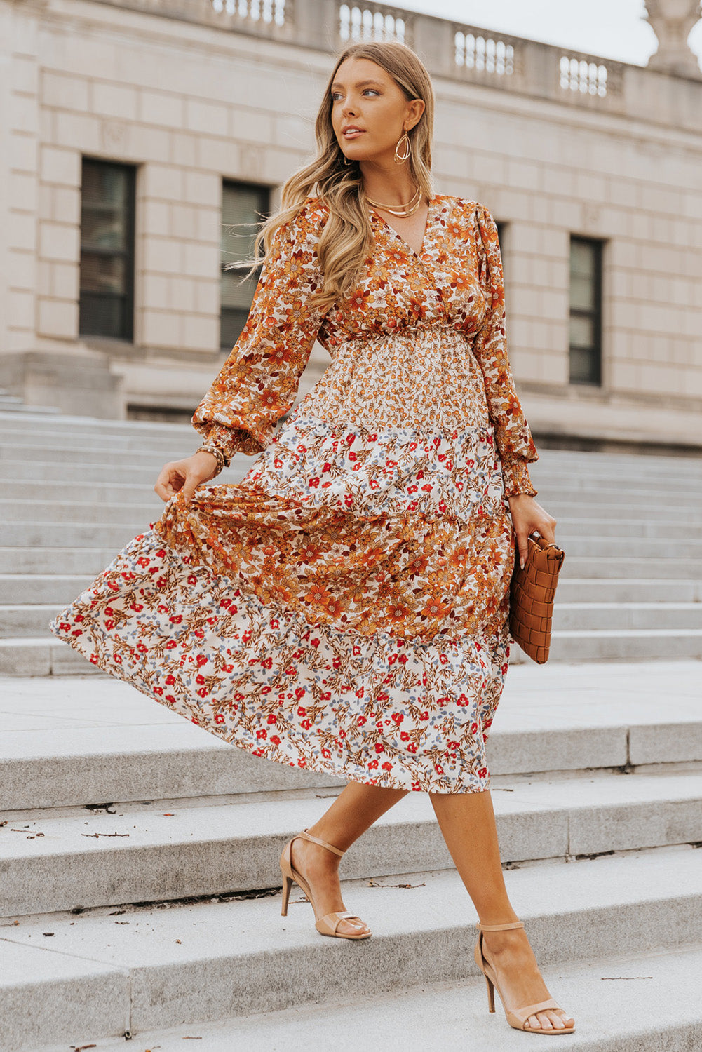 Mix Floral Patchwork Frill Tiered Dress